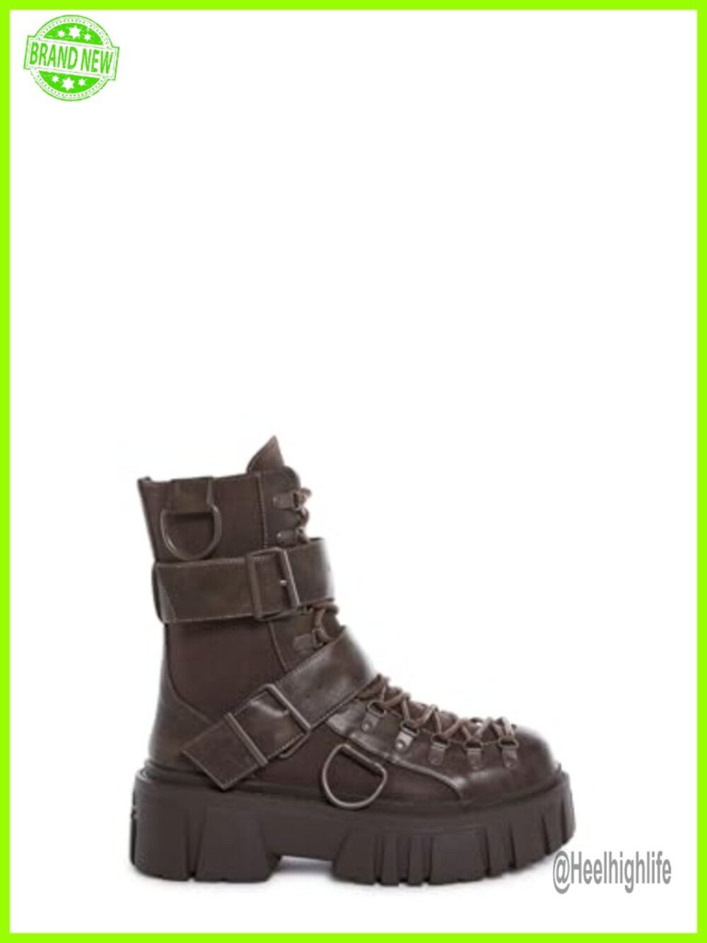 Chunky Vegan Leather Combat Boots with Buckles D-Rings & Side Zipper
